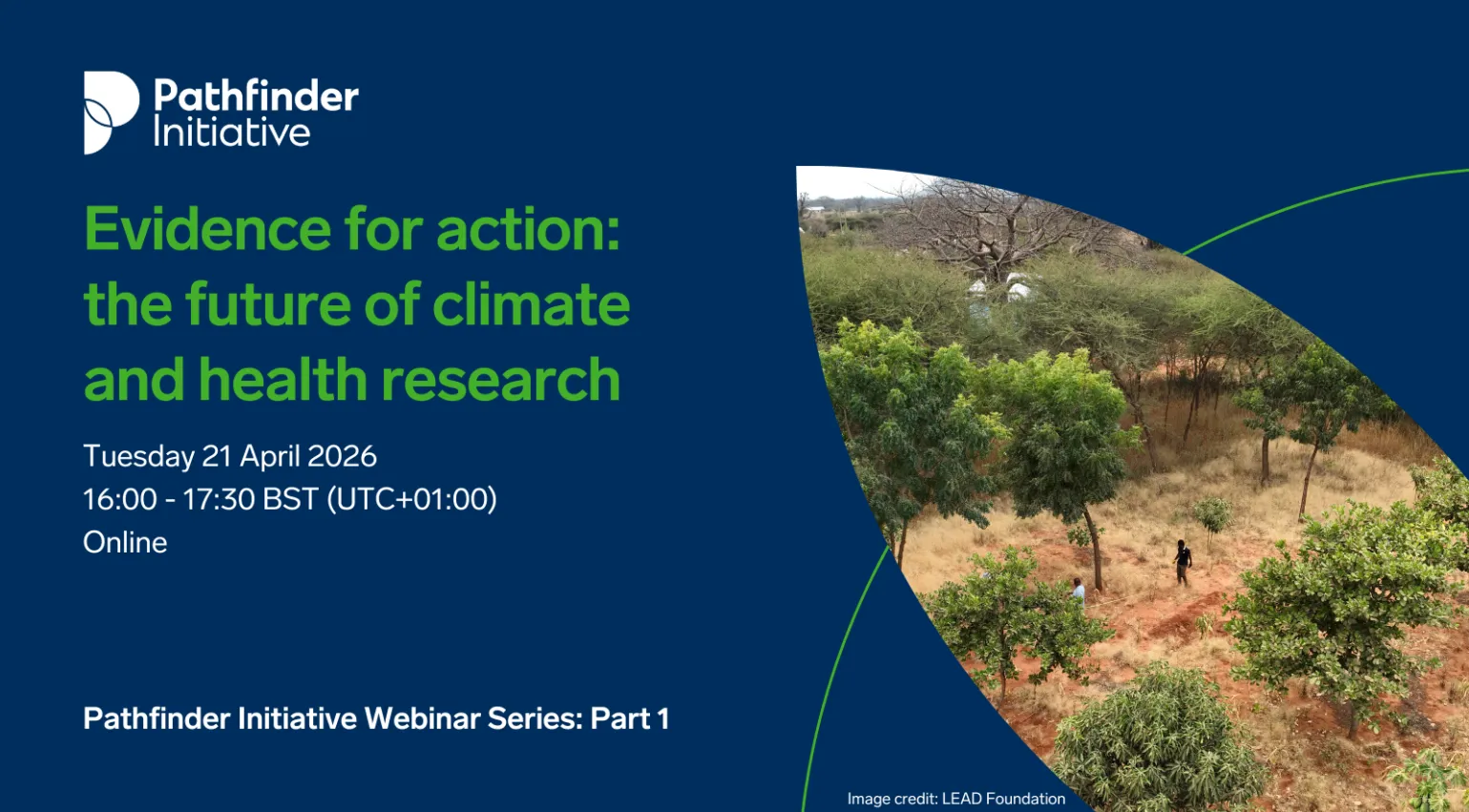 Pathfinder webinar series title card on a dark blue background, with an image of trees in Tanzania 