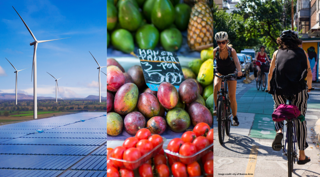 Three images side by side showing: wind turbines and solar panels; fruit  being sold at a market; and people cycling in a city