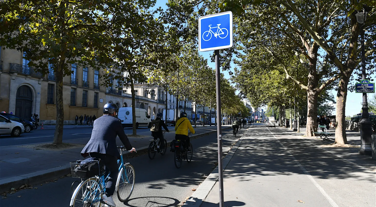 Cyclists on a tree-lined road in Paris