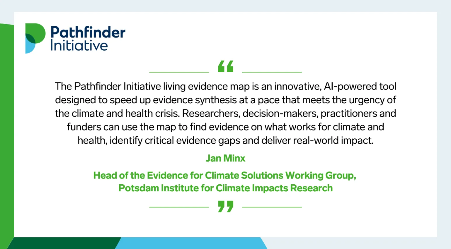 Quote card with green and blue border and Pathfinder Initiative logo in the top left 