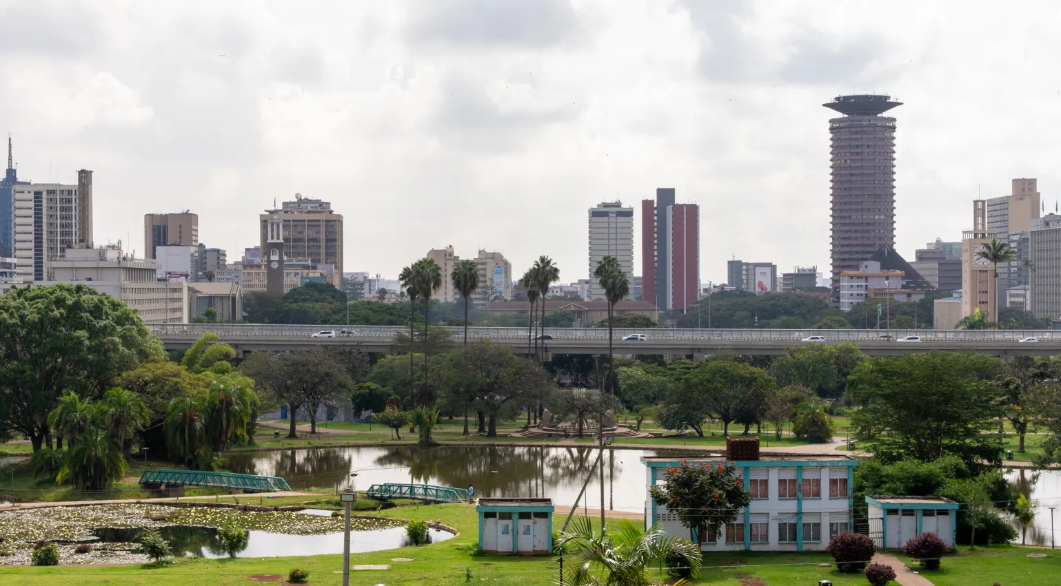 A view of Nairobi city from Upper Hill with a park in the foreground and buildings in the background