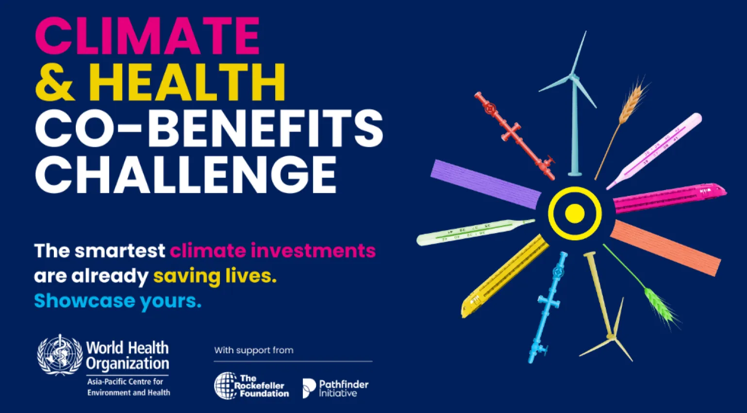 Graphic promoting the climate and health co-benefits challenge with imagery showing solutions