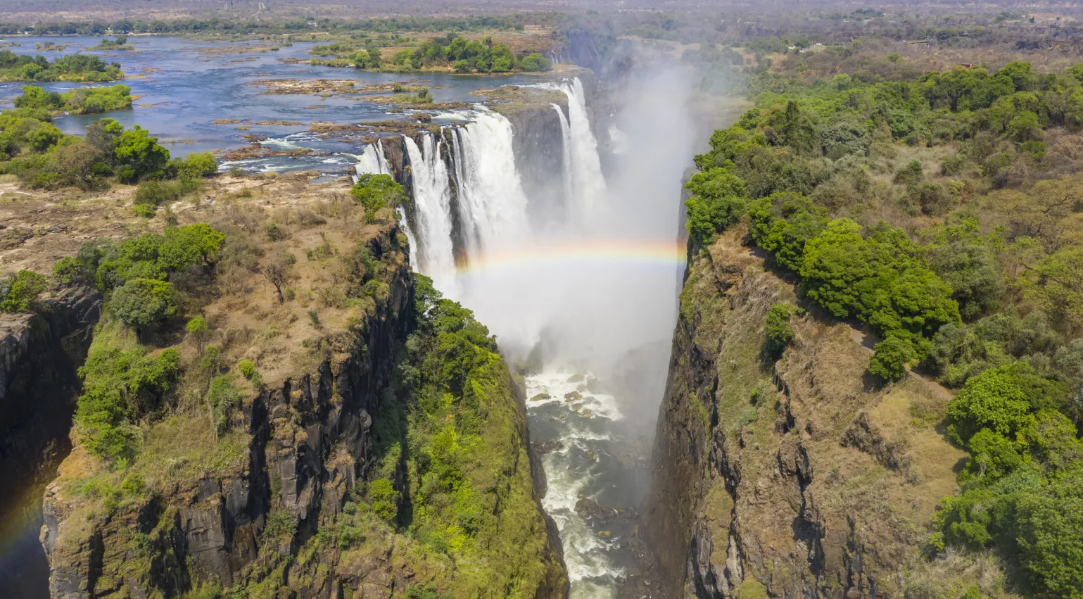 A photograph of the Victoria Falls waterfall in Zimbabwe