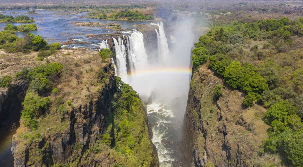 A photograph of the Victoria Falls waterfall in Zimbabwe